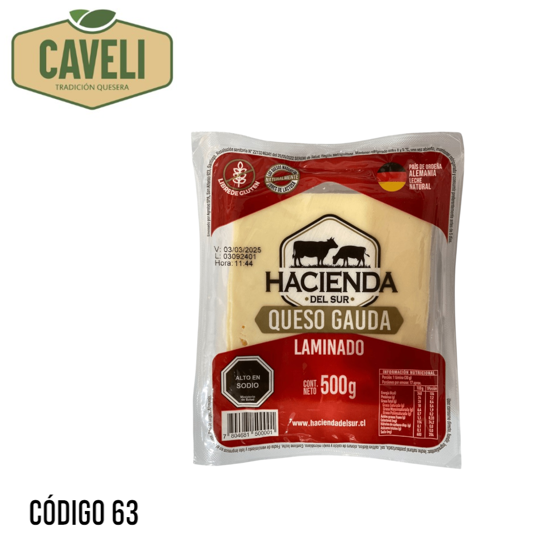 QUESO GOUDA LAMINADO LA HACIENDA 500 GRS ORDEÑA ALEMANA CAJA 10 KILOS 20 UNIDADES - Distribuidora Caveli