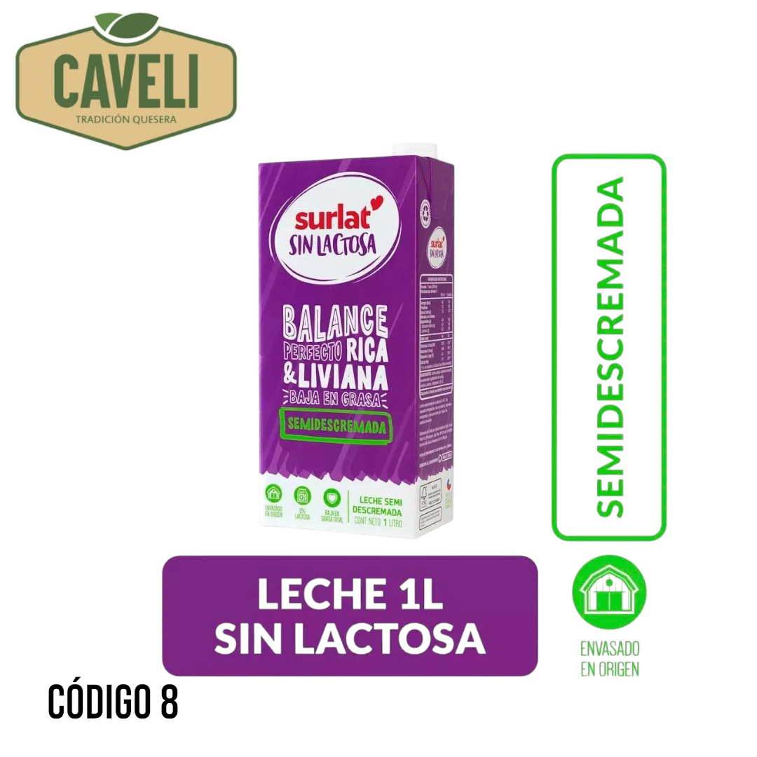 LECHE SEMIDESCREMADA S/ LACTOSA SURLAT 1 LTS CAJA 6 UNIDADES - Distribuidora Caveli