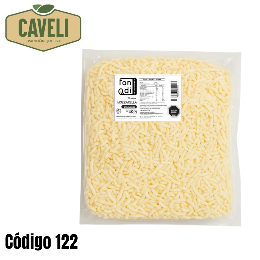 MOZZARELLA GRANULADA FONDI BOLSA 4KG CAJA 2 UNIDADES - Distribuidora Caveli
